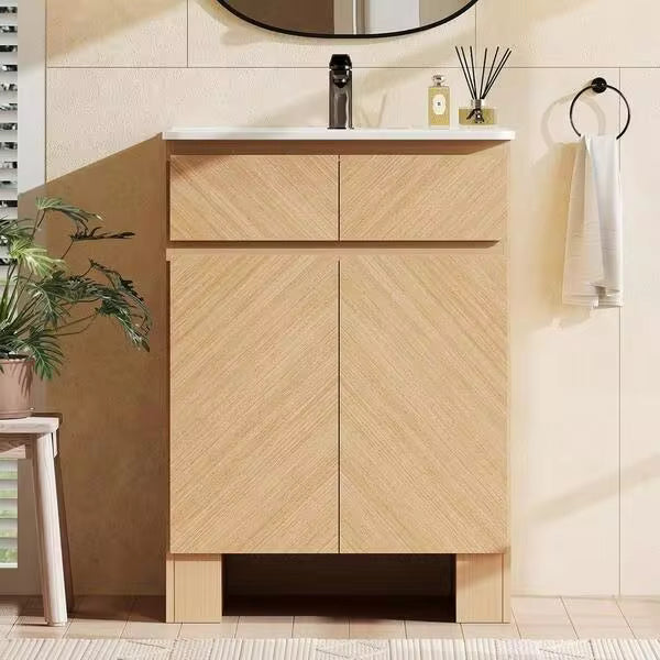 24" Bathroom Vanity With Sink, Freestanding Wood Bathroom Sink Cabinet With Ceramic Basin And Soft-Close Doors, Single Sink Bathroom Vanity, Adjustable Shelves, Easy Assembly, Natural Oak