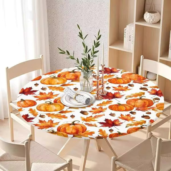 Autumn Elastic Tablecloth, Orange Pumpkin Maple Leaf Harvest Acorn Design, Suitable For 44-48 Inch Stretchable Thanksgiving Dining Tablecloth, Ideal For Indoor, Outdoor, Party And Patio Use